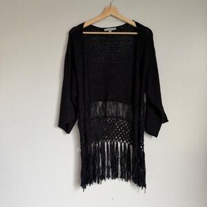 NY Collection Black Open Knit Fringe Crochet Cardigan Sweater Small Kimono